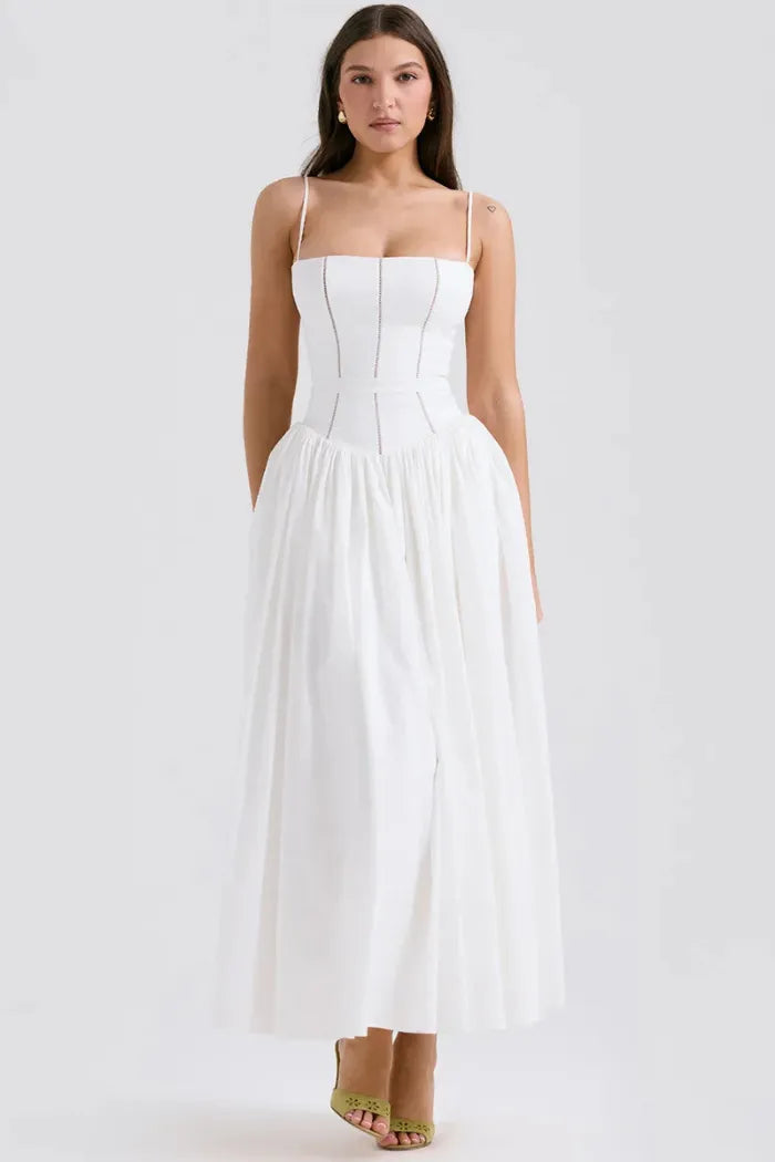 Modelo usando vestido blanco midi con corset para boda civil – Katherine
