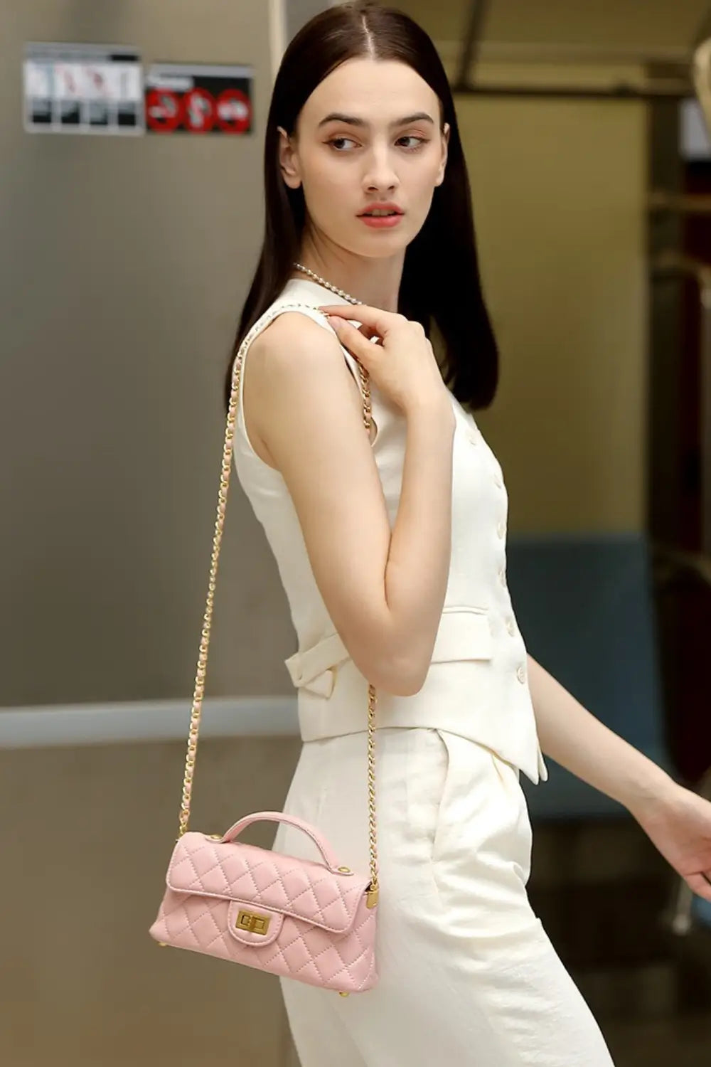 Bolso acolchado rosa femenino de cuero legítimo – Modelo Margot