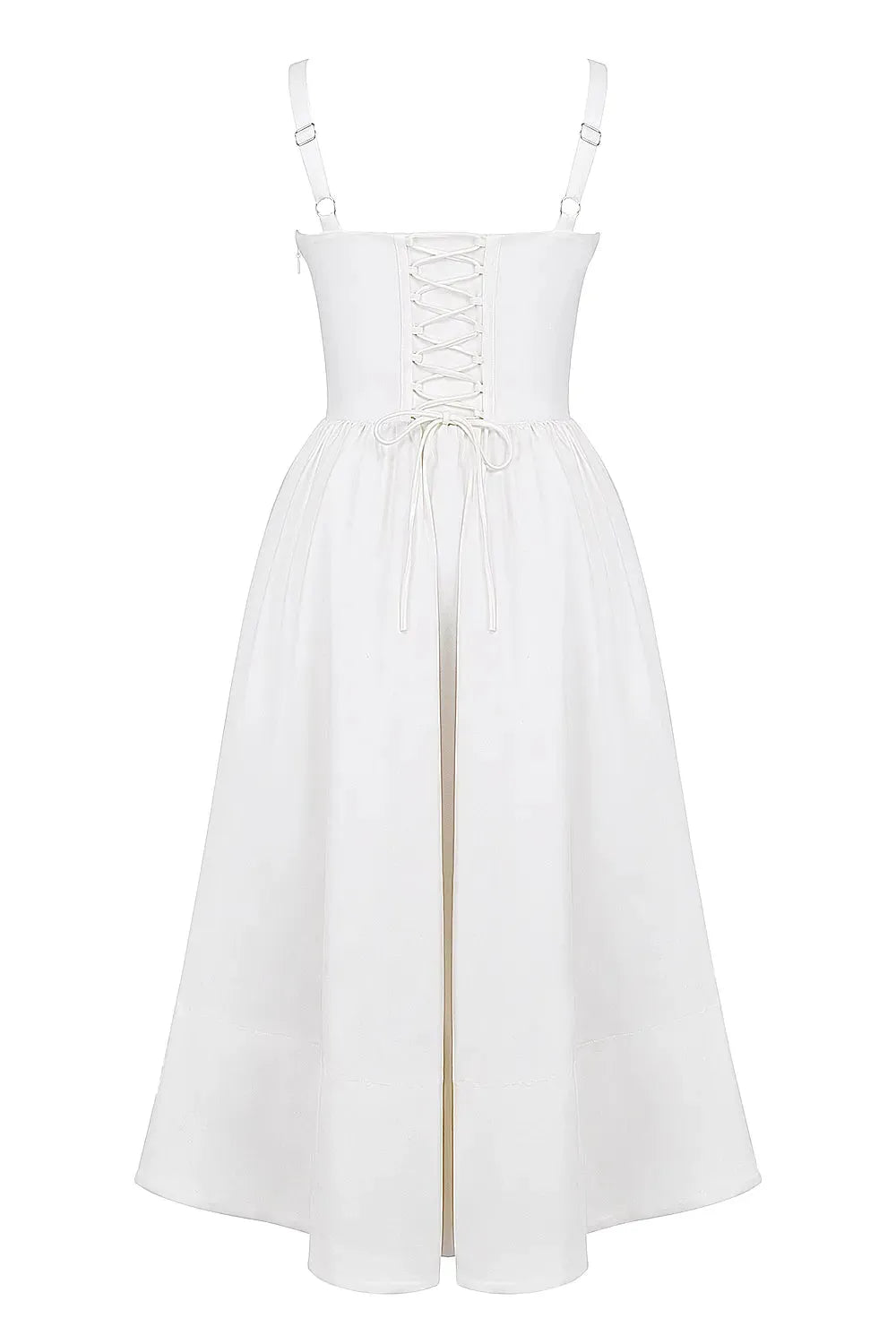 Modelo usando vestido midi blanco con corset para boda civil – Aghata